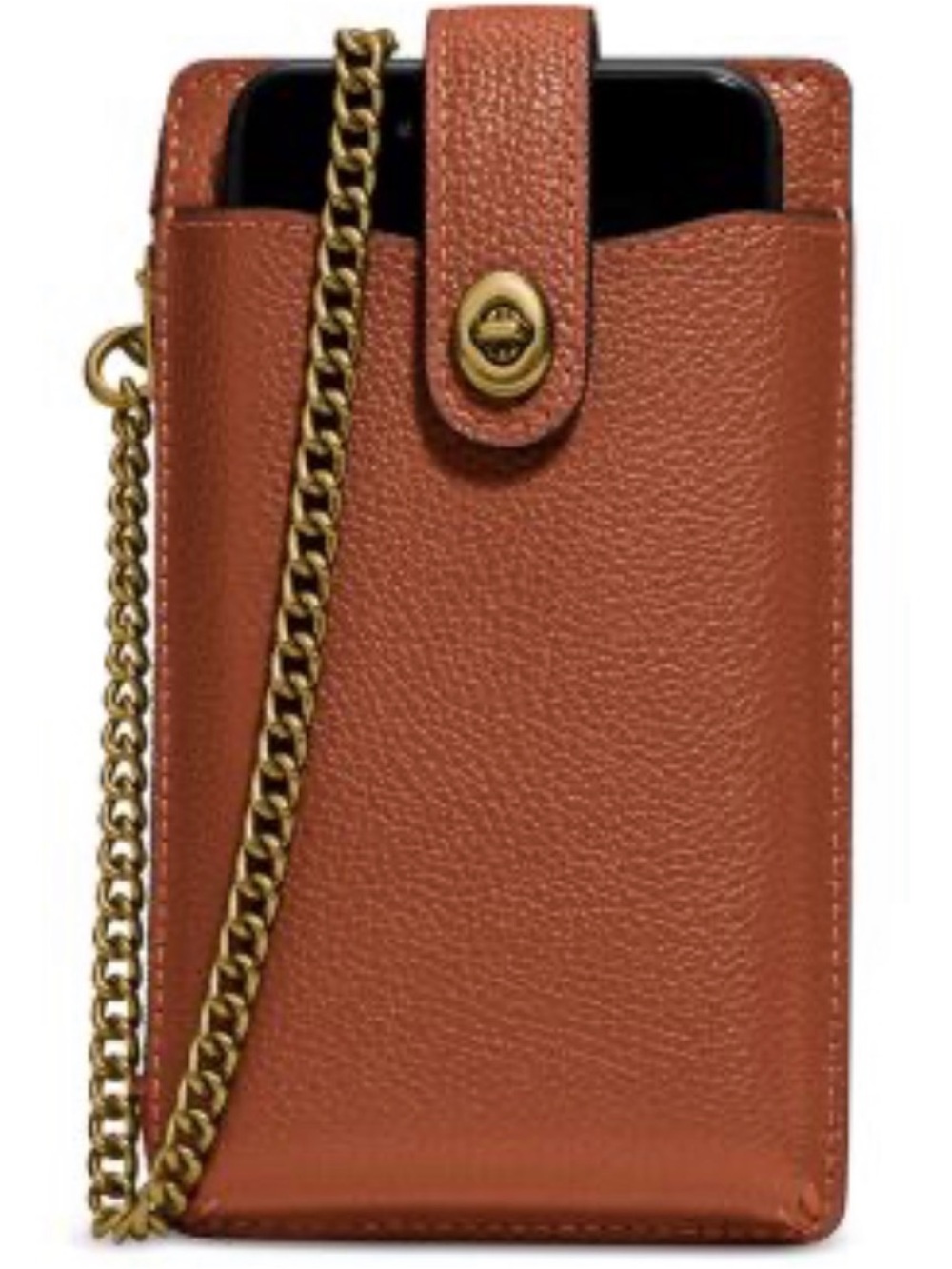 Coach Pebbled Leather Crossbody Phone Pouch in Cognac with Gold Chain